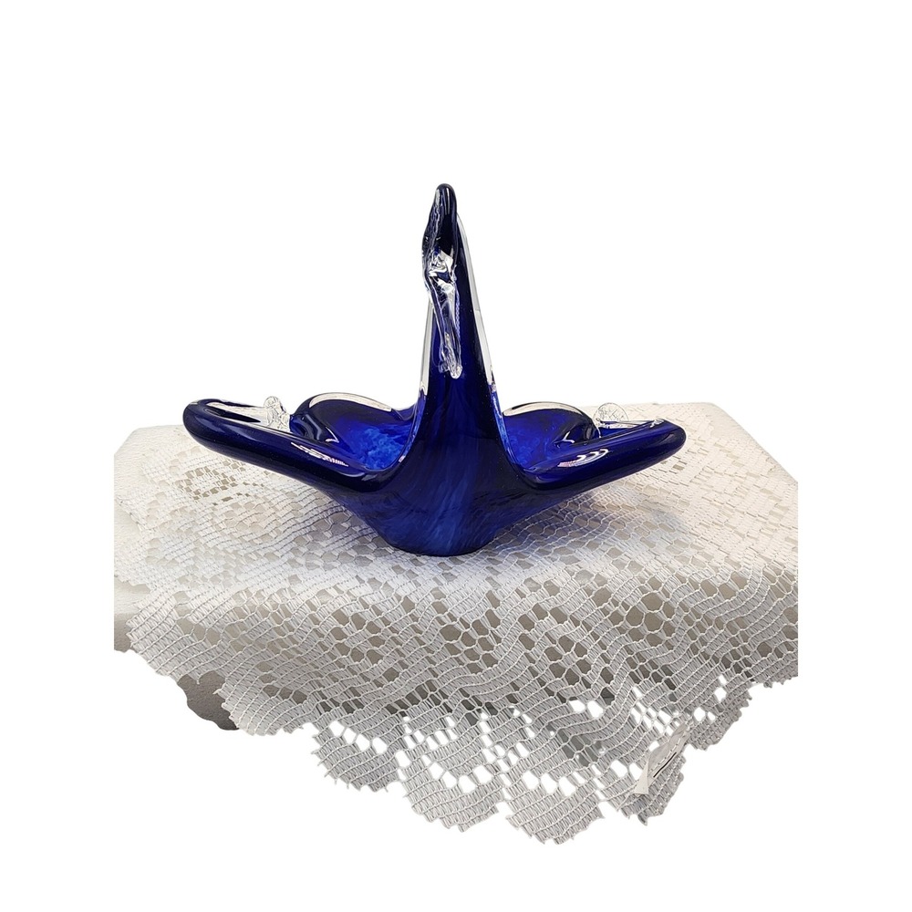 Vintage Cobalt Blue Hand Blown Art Glass Swan Bowl Dish Centerpiece 8 Inch - Picture 2 of 6
